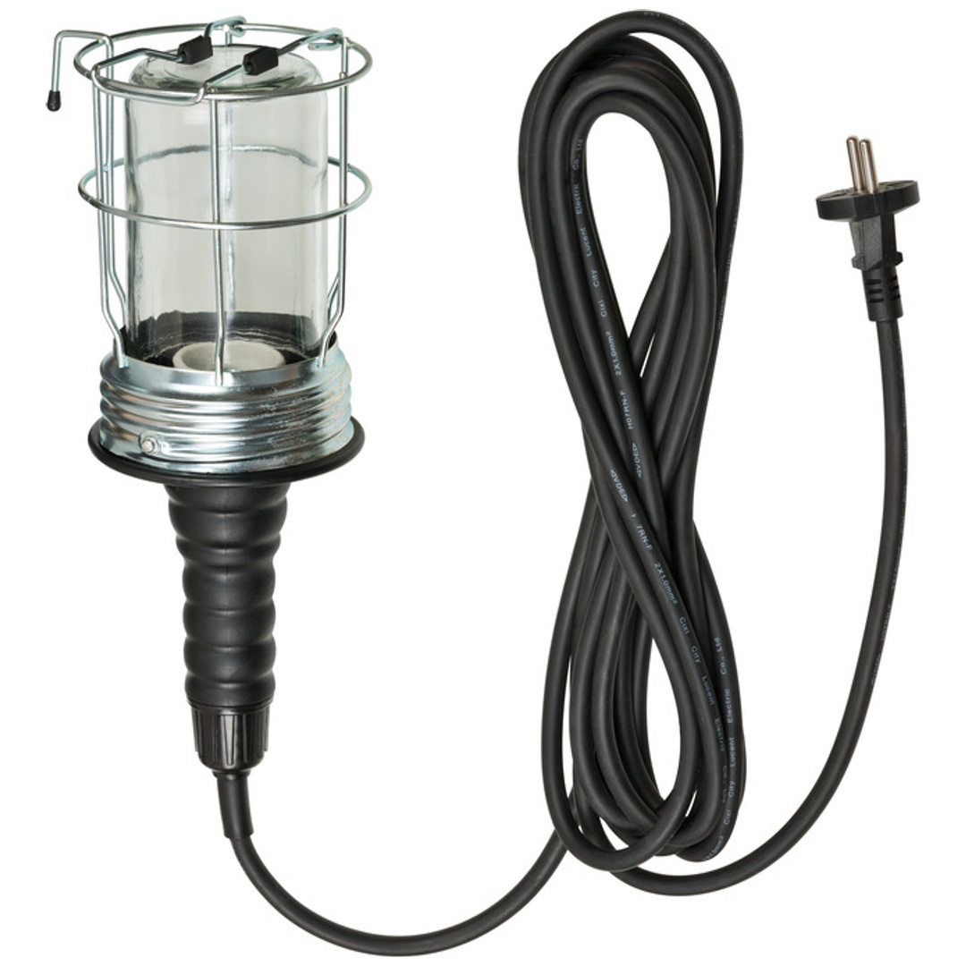 Brennenstuhl Handleuchte / Werktstattlampe aus Hartgummi mit stabilem Schutzkorb, 60 W, 136 mm Ø, 5 m Kabel, schwarz
