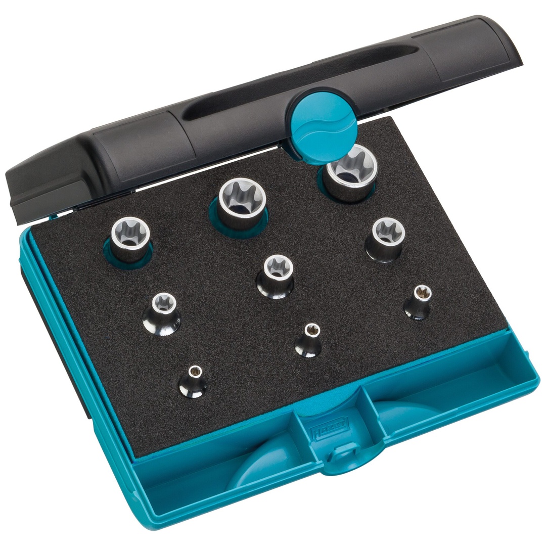 Hazet Werkzeug Satz 1/4 (6,3 mm) Vierkant hohl, 3/8 (10 mm) Vierkant hohl, 1/2 (12,5 mm) Vierkant hohl, Außen TX Profil, 9-tlg., E4, E5, E6, E8, E1 332623