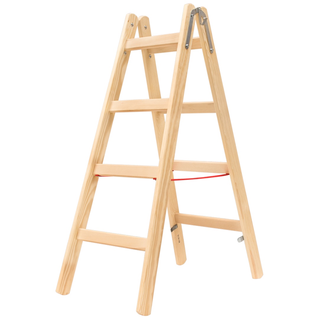 Hymer Sprossenstehleiter, Holz, beidseitig begehbar, 2 x 4 Sprossen, Gesamtbreite 473 mm