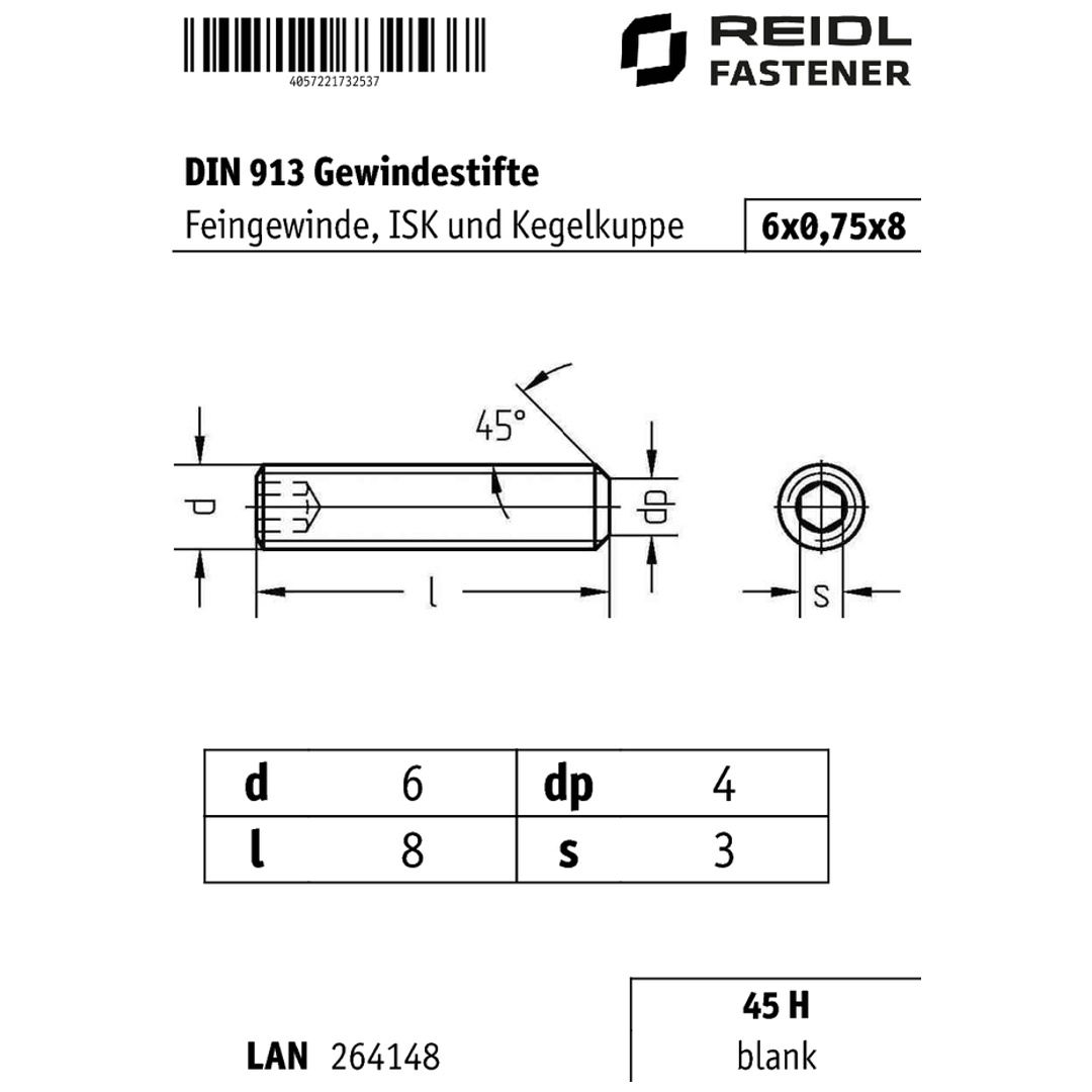 M6 x 0,75 mm (6 mm) Feingewinde-Gewindestift-Steckschlüsselsatz, Edelstahl 304, DIN 913(M6X0.75X10mm-100pcs