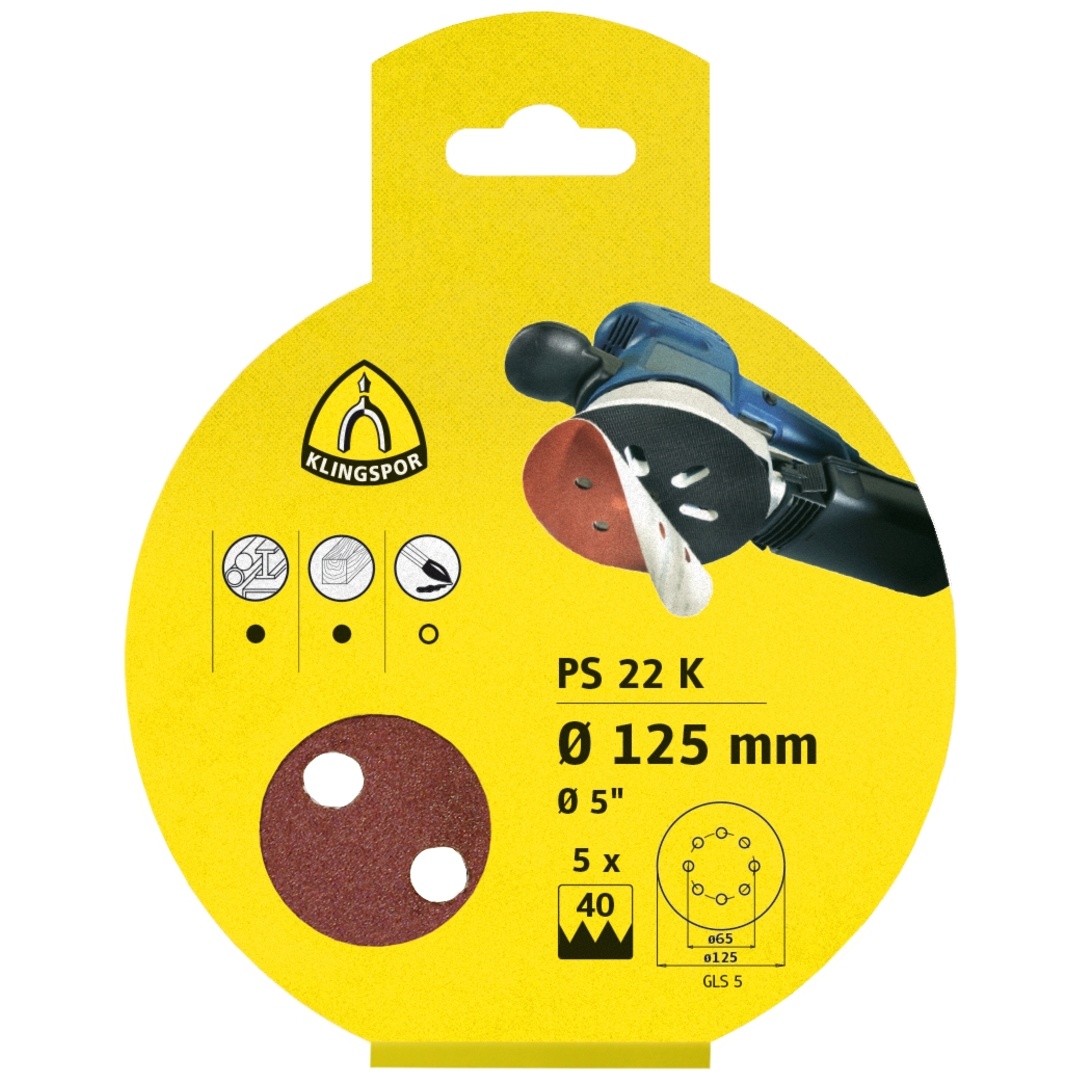 Klingspor PS 22 K Scheiben kletthaftend, 125 mm Korn 40, SB-verpackt im Reiter