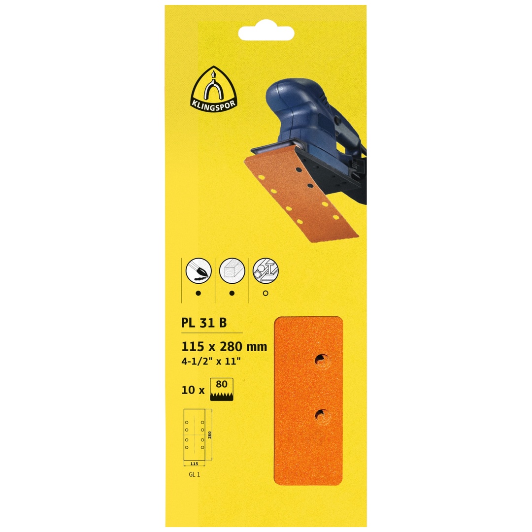 Klingspor PL 31 B Streifen, 93 x 230 mm Korn 180 Lochform GL9, 10 Stk., SB-verpackt im Reiter