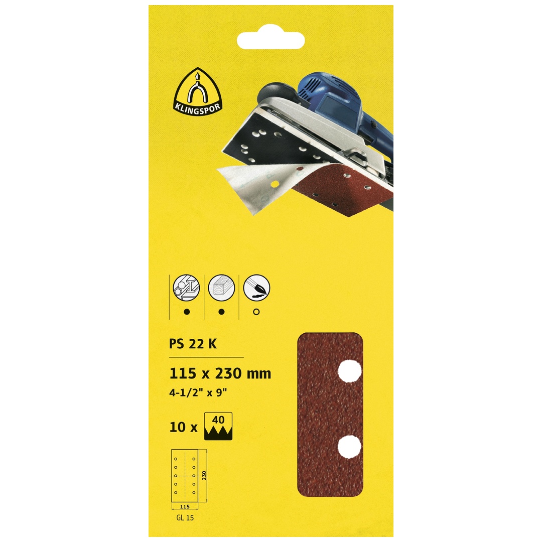 Klingspor PS 22 K Streifen kletthaftend, 115 x 230 mm Korn 180 Lochform GL15, 10 Stk., SB-verpackt im Reiter
