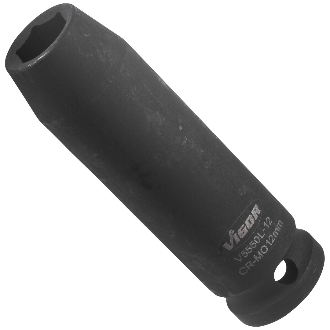 VIGOR Schlagschrauber Steckschlüsseleinsatz, lang, V5550L-12, 1/2 (12,5 mm) Vierkant hohl, Außen Sechskant Profil, SW 12 mm