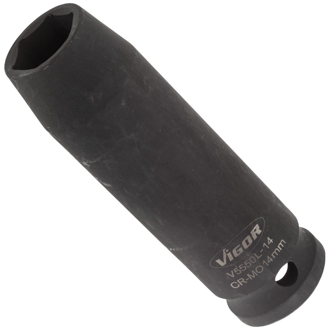 VIGOR Schlagschrauber Steckschlüsseleinsatz, lang, V5550L-14, 1/2 (12,5 mm) Vierkant hohl, Außen Sechskant Profil, SW 14 mm