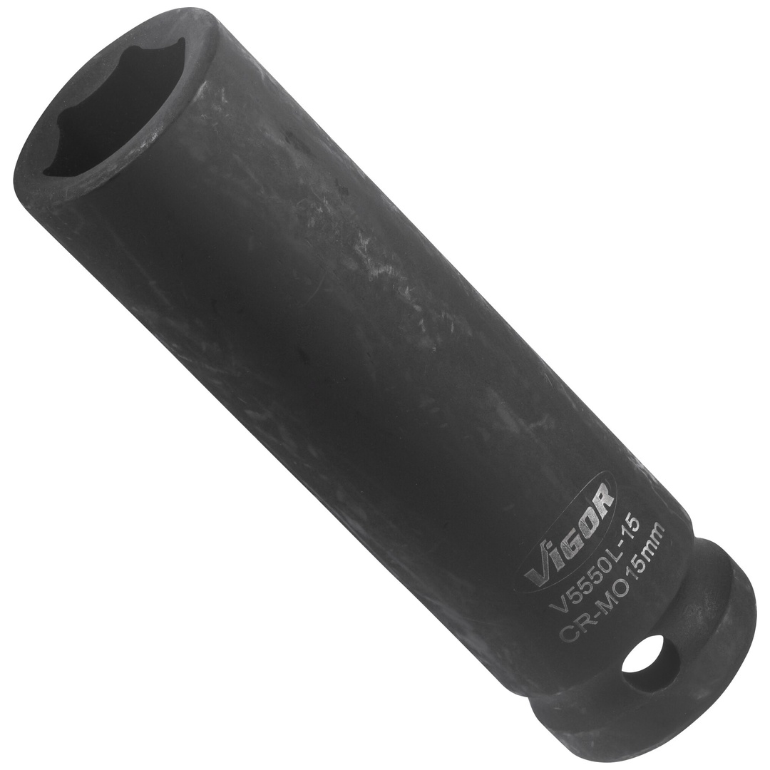 VIGOR Schlagschrauber Steckschlüsseleinsatz, lang, V5550L-15, 1/2 (12,5 mm) Vierkant hohl, Außen Sechskant Profil, SW 15 mm