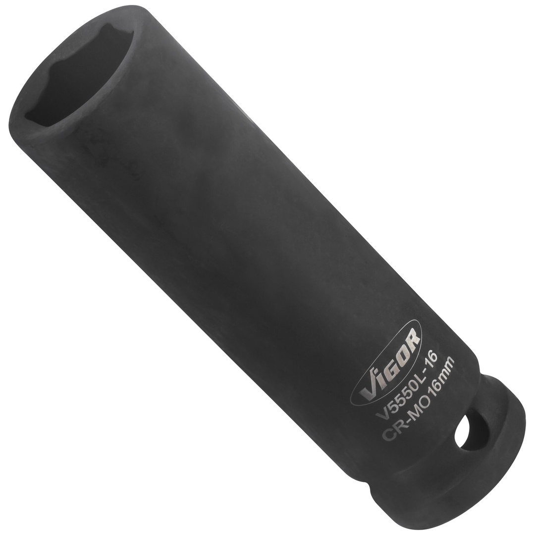 VIGOR Schlagschrauber Steckschlüsseleinsatz, lang, V5550L-16, 1/2 (12,5 mm) Vierkant hohl, Außen Sechskant Profil, SW 16 mm