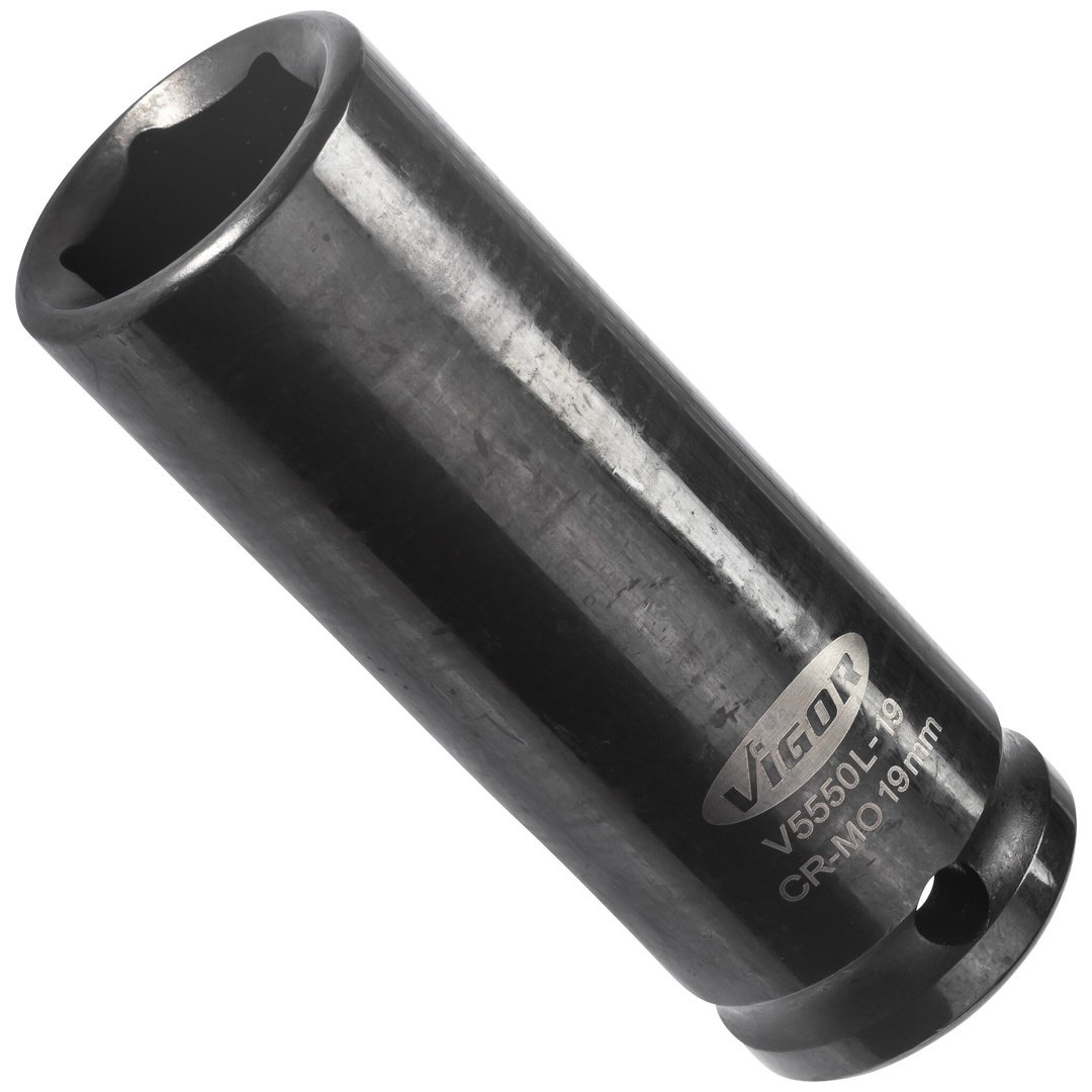 VIGOR Schlagschrauber Steckschlüsseleinsatz, lang, V5550L-19, 1/2 (12,5 mm) Vierkant hohl, Außen Sechskant Profil, SW 19 mm