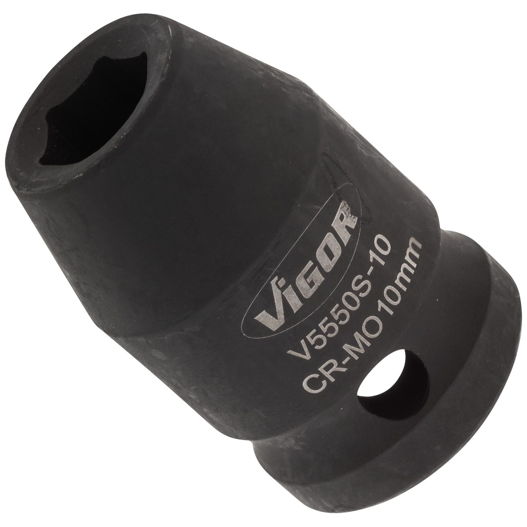 VIGOR Schlagschrauber Steckschlüsseleinsatz, kurz, V5550S-10, 1/2 (12,5 mm) Vierkant hohl, Außen Sechskant Profil, SW 10 mm