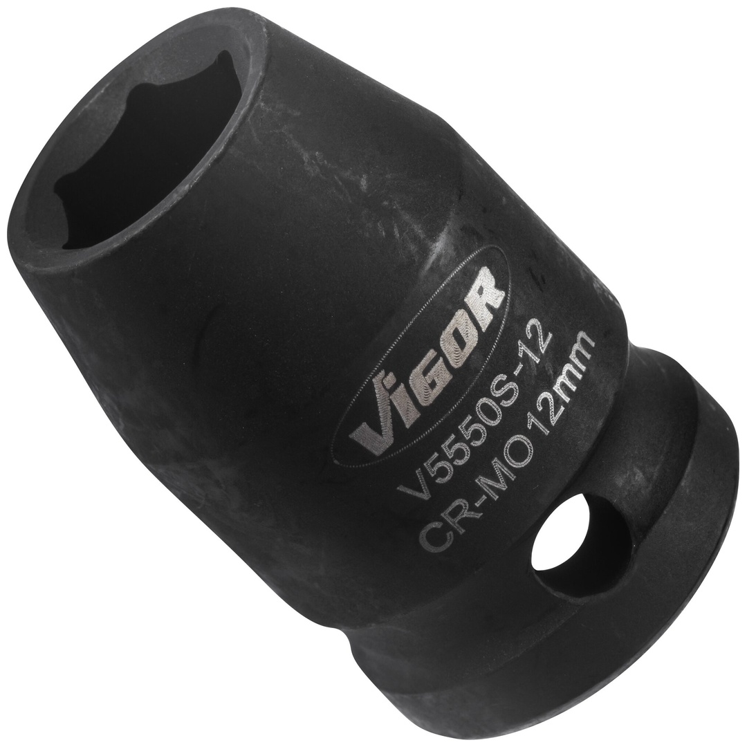VIGOR Schlagschrauber Steckschlüsseleinsatz, kurz, V5550S-12, 1/2 (12,5 mm) Vierkant hohl, Außen Sechskant Profil, SW 12 mm
