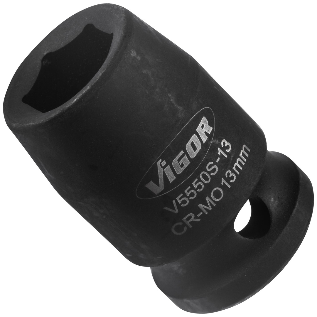 VIGOR Schlagschrauber Steckschlüsseleinsatz, kurz, V5550S-13, 1/2 (12,5 mm) Vierkant hohl, Außen Sechskant Profil, SW 13 mm