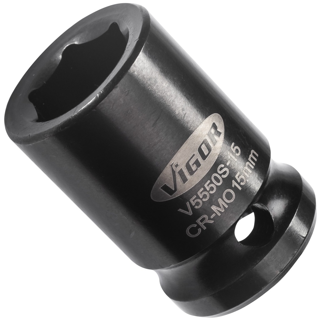 VIGOR Schlagschrauber Steckschlüsseleinsatz, kurz, V5550S-15, 1/2 (12,5 mm) Vierkant hohl, Außen Sechskant Profil, SW 15 mm