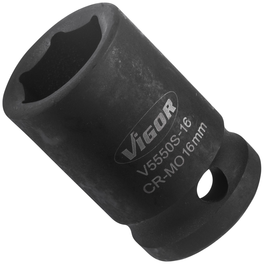 VIGOR Schlagschrauber Steckschlüsseleinsatz, kurz, V5550S-16, 1/2 (12,5 mm) Vierkant hohl, Außen Sechskant Profil, SW 16 mm