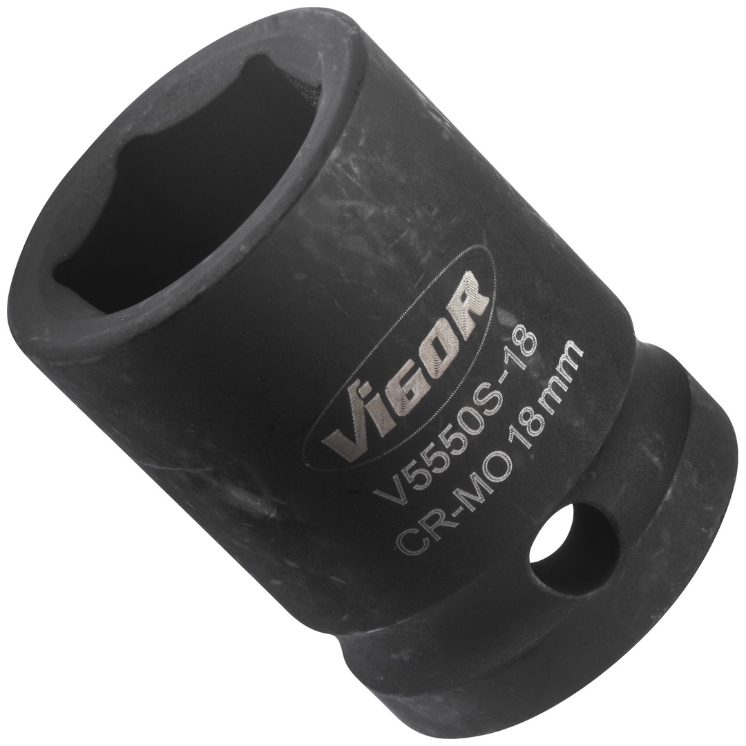 VIGOR Schlagschrauber Steckschlüsseleinsatz, kurz, V5550S-18, 1/2 (12,5 mm) Vierkant hohl, Außen Sechskant Profil, SW 18 mm