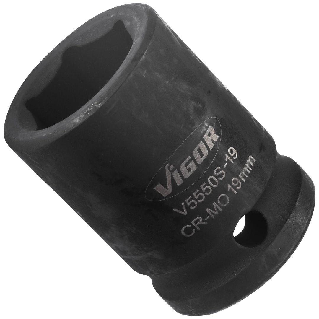 VIGOR Schlagschrauber Steckschlüsseleinsatz, kurz, V5550S-19, 1/2 (12,5 mm) Vierkant hohl, Außen Sechskant Profil, SW 19 mm
