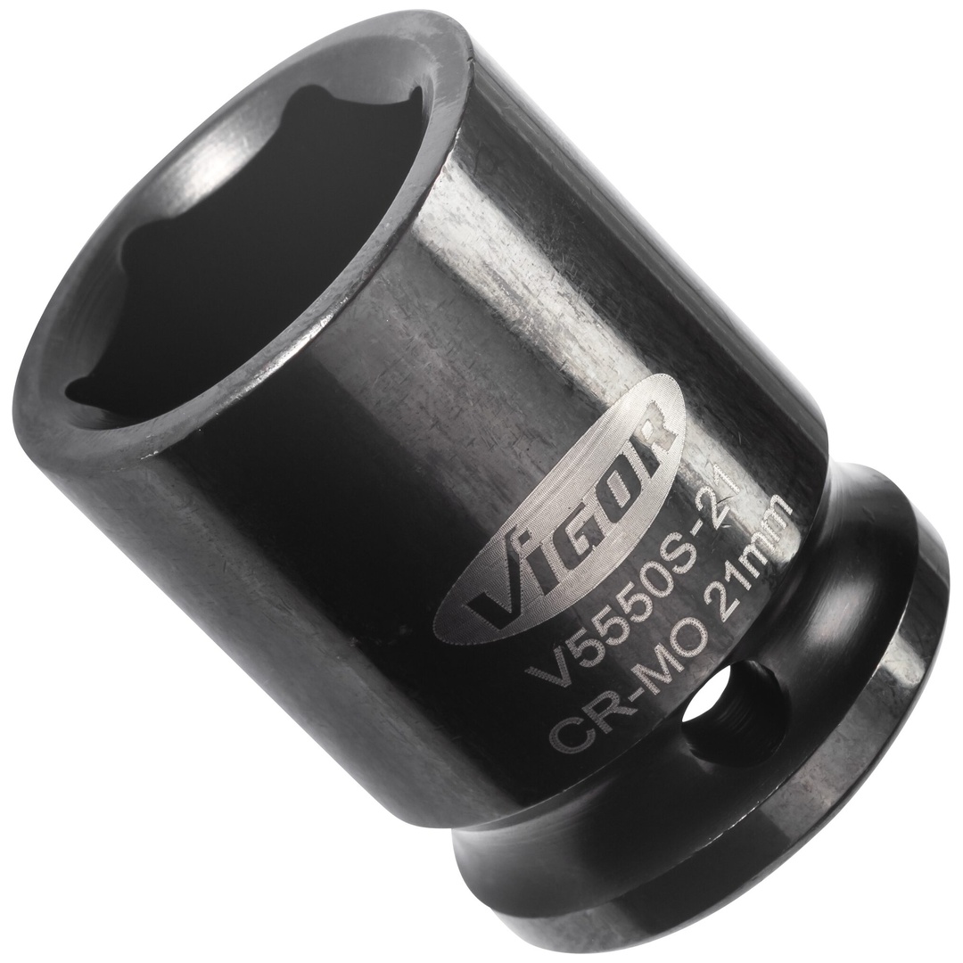 VIGOR Schlagschrauber Steckschlüsseleinsatz, kurz, V5550S-21, 1/2 (12,5 mm) Vierkant hohl, Außen Sechskant Profil, SW 21 mm