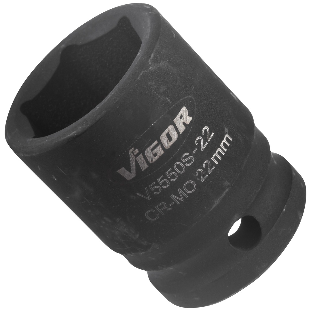 VIGOR Schlagschrauber Steckschlüsseleinsatz, kurz, V5550S-22, 1/2 (12,5 mm) Vierkant hohl, Außen Sechskant Profil, SW 22 mm