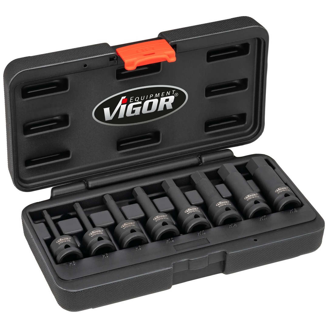 VIGOR Schlagschrauber Schraubendrehereinsatz Satz, 1/2 (12,5 mm) Vierkant hohl, Innen Sechskant Profil, 8-tlg., 5 - 19, Anzahl Werkzeuge: 8