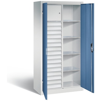 C+P Werkstattschrank mit 16 Schubladen, 930 x 1950 x 500 fernblau/lichtgrau, Modell 8921-3015