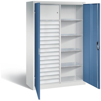 C+P Werkstattschrank mit 16 Schubladen, 1200 x 1950 x 500 fernblau/lichtgrau, Modell 8931-3015