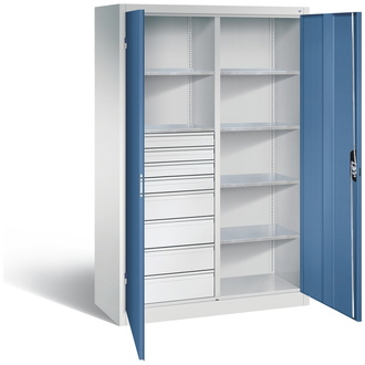 C+P Werkstattschrank mit 8 Schubladen, 1200 x 1950 x 500 fernblau/lichtgrau, Modell 8931-3055