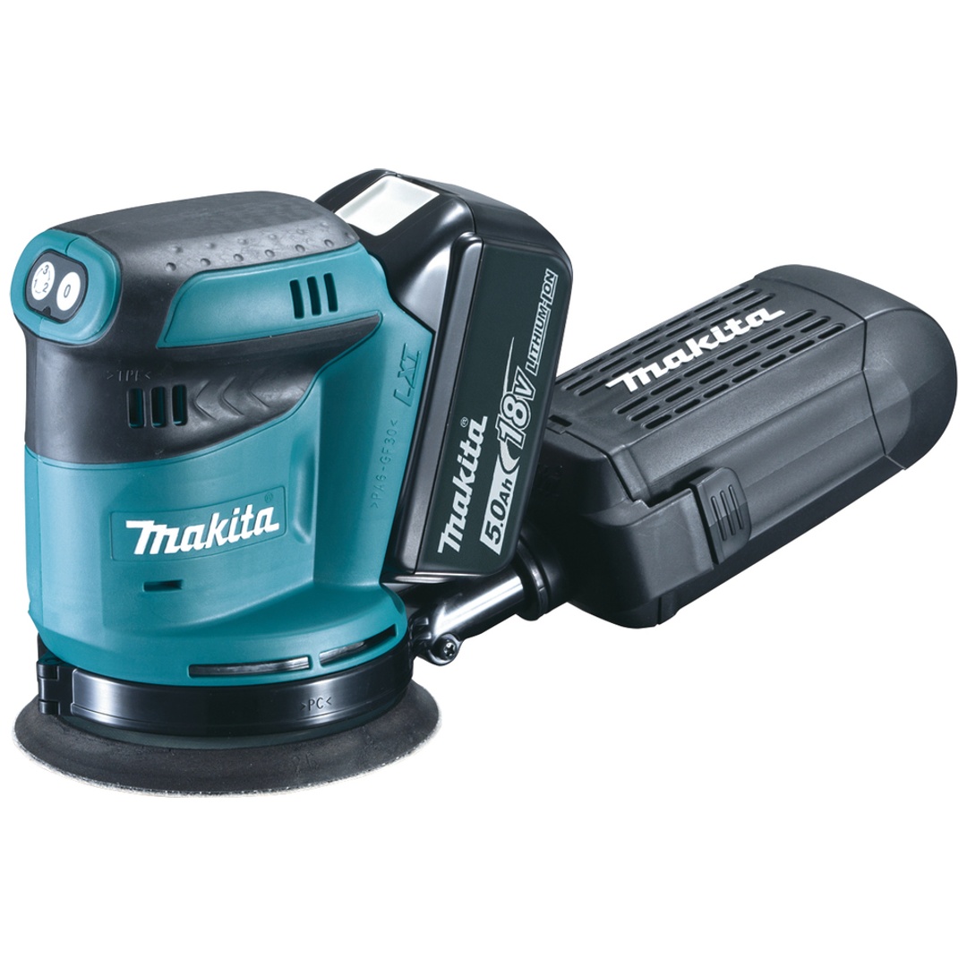 Makita Akku-Exzenterschleifer DBO180RTJ, 18 V, incl. 2x Akku LXT 5 Ah, Schnellladegerät, Zubehör, MAKPAC