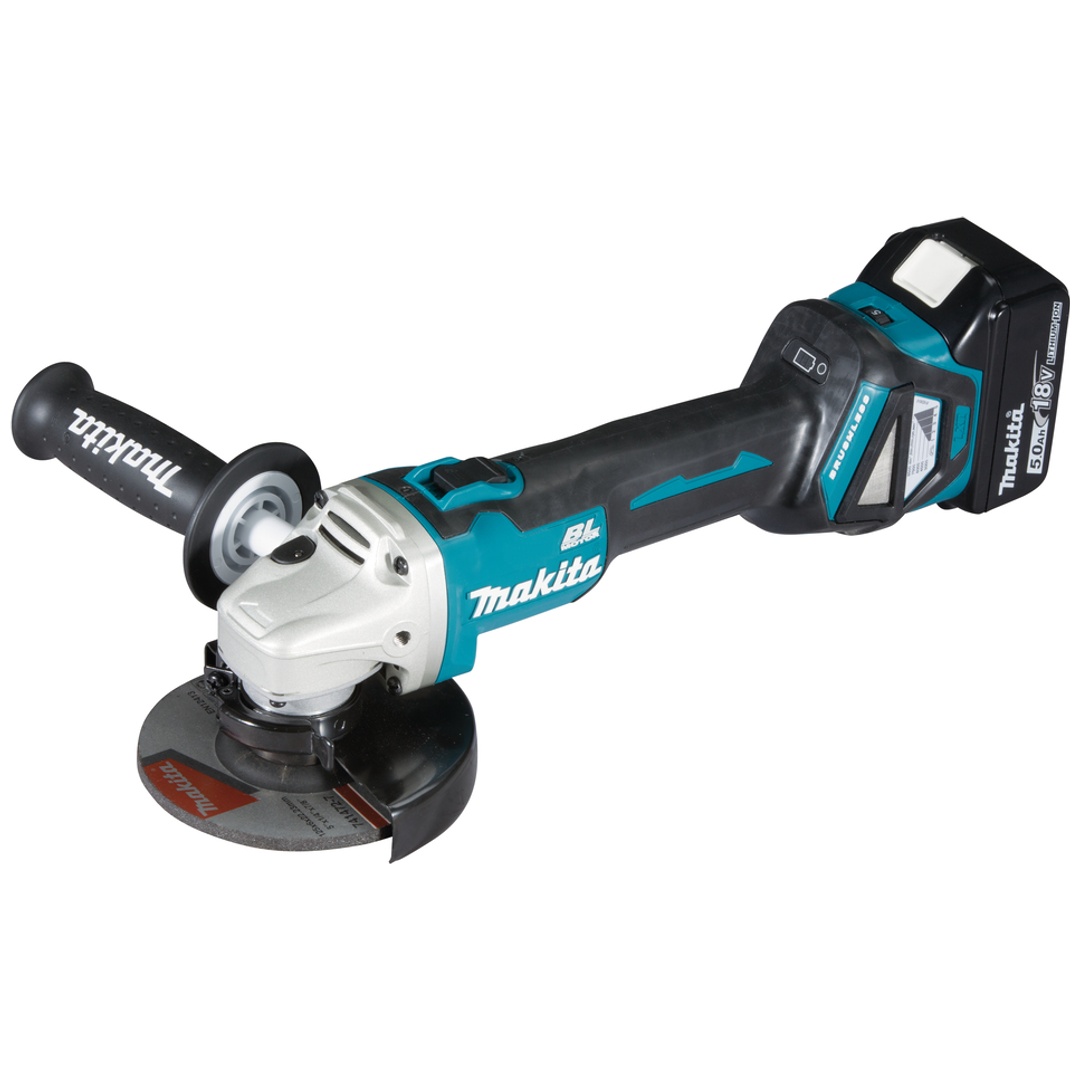 Makita Akku-Winkelschleifer DGA511RTJ, 18 V, incl. 2x Akku LXT 5 Ah, Schnellladegerät, Schruppscheibe, Zubehör, MAKPAC