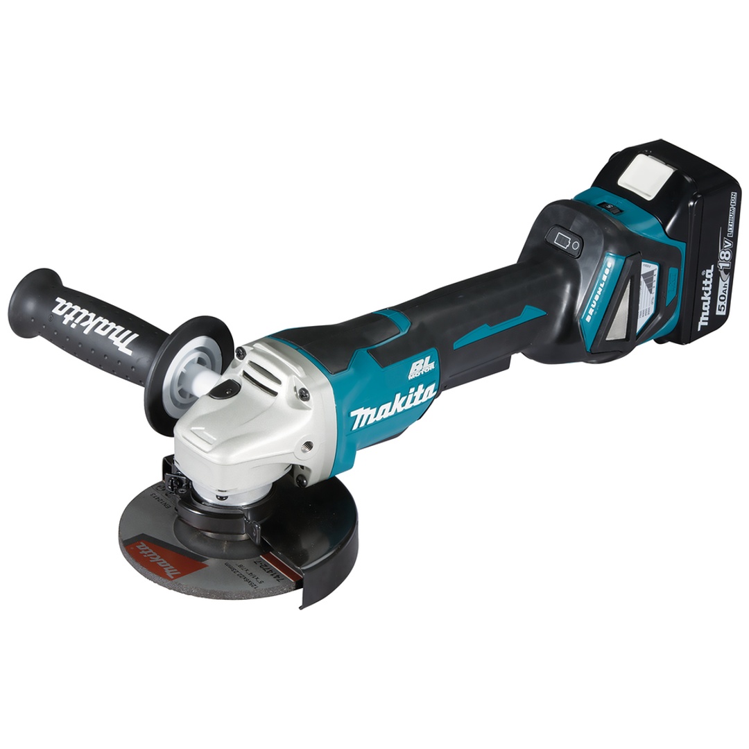 Makita Akku-Winkelschleifer DGA515RTJ, 18 V, incl. 2x Akku LXT 5 Ah, Schnellladegerät, Schruppscheibe, Zubehör, MAKPAC