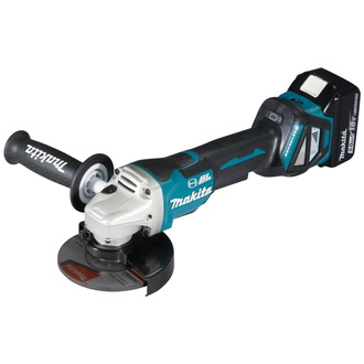 Makita Akku-Winkelschleifer 18V, 125 mm, Paddelschalter, Akku, Ladegerät, Zubehör, MAKPAC Gr. 3