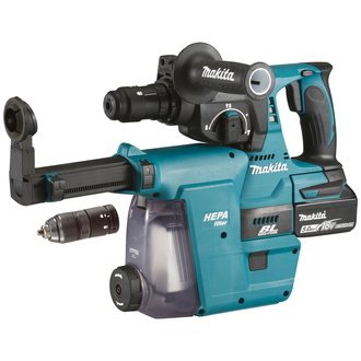 Makita Akku-Kombihammer DHR243RTJW, 18 V, SDS-plus, incl. 2x Akku 5 Ah, Schnellladegerät, Staubabsaugung DX07, Zubehör, MAKPAC