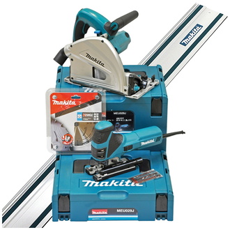 Makita Sägen-Set: Tauchsäge, Stichsäge, MAKPAC, Führungsschiene