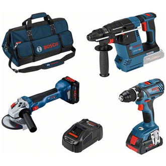 Bosch Profi Set: Akku-Bohrschrauber GSR 18V-28, Akku-Winkelschleifer GWS 18V-10, Bohrhammer GBH 18V-26, 2xPC+GAL 1880 CV+B