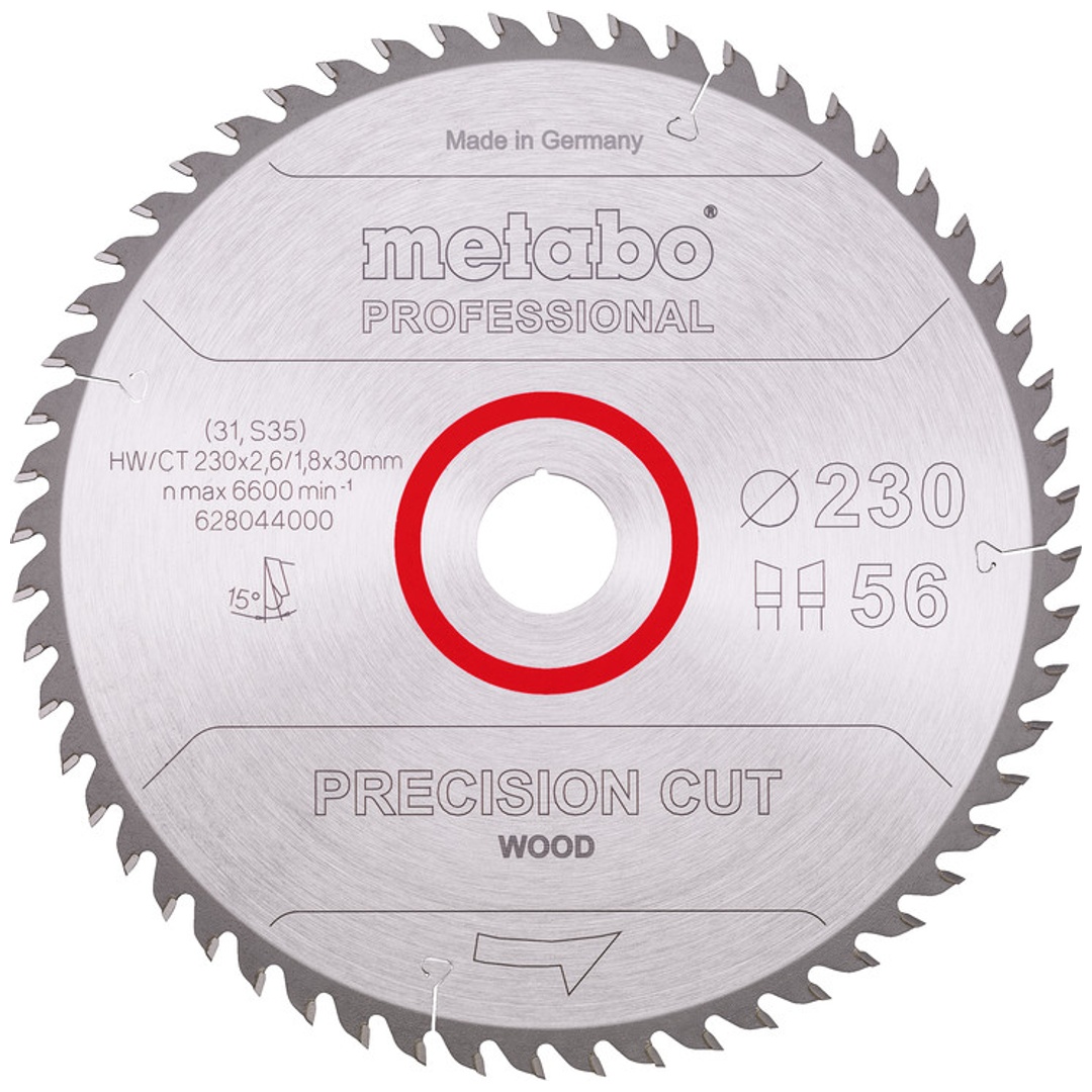 Metabo Sägeblatt precision cut wood - professional 230x2,6/1,8x30, Z56, Spanwinkel 15°, Wechselzahn
