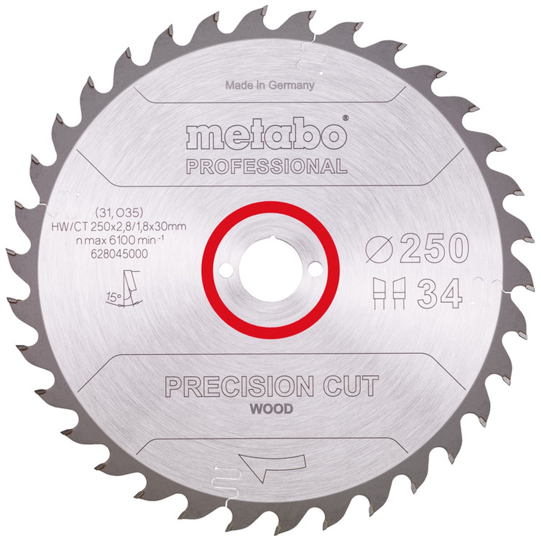 Metabo Sägeblatt precision cut wood - professional 250x2,8/1,8x30, Z34, Spanwinkel 15°, Wechselzahn