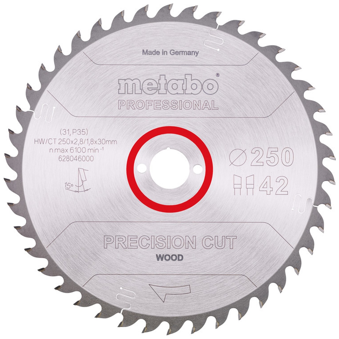 Metabo Sägeblatt precision cut wood - professional 250x2,8/1,8x30, Z42, Spanwinkel 15°, Wechselzahn