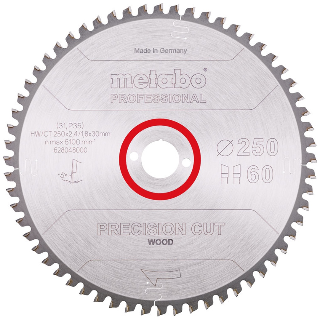 Metabo Sägeblatt precision cut wood - professional 250x2,4/1,8x30, Z60, Spanwinkel -5°, Wechselzahn
