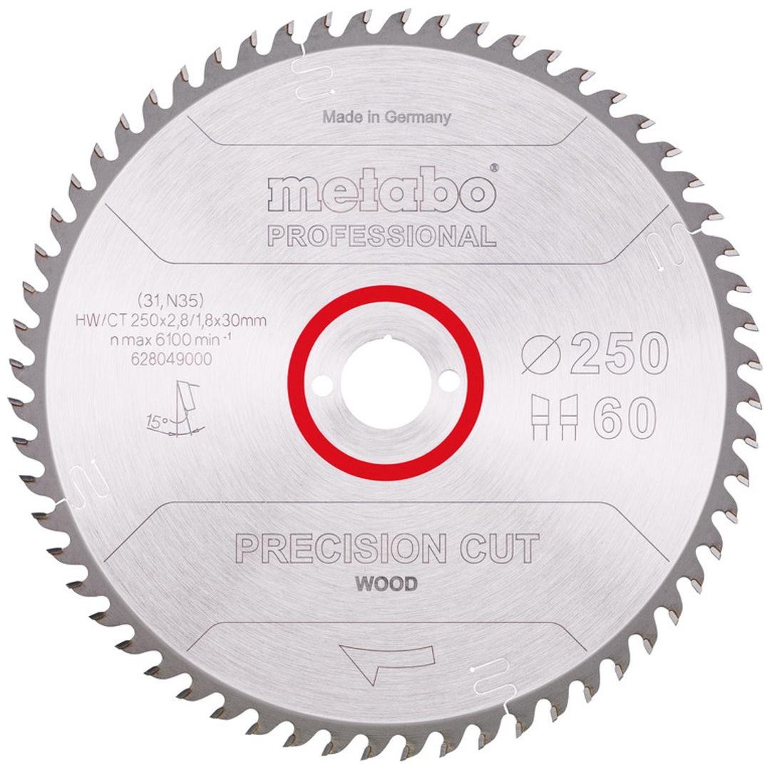 Metabo Sägeblatt precision cut wood - professional 250x2,8/1,8x30, Z60, Spanwinkel 15°, Wechselzahn