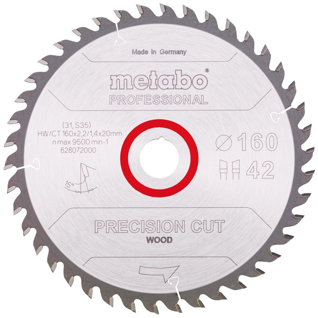Metabo Sägeblatt precision cut wood - professional 160x2,2/1,4x20, Z42, Spanwinkel 15°, Wechselzahn