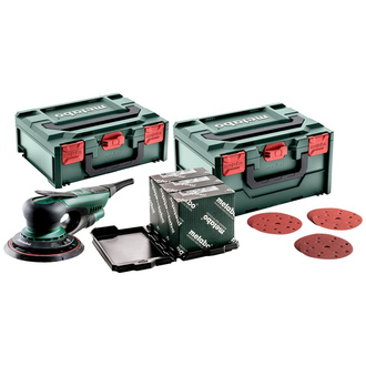 Metabo Exzenterschleifer SXE 150-2.5 BL Set, mit metaBOX Schleifmittel-Set "multi-hole", 150 mm, für Holz und Metall, metaBOX 215