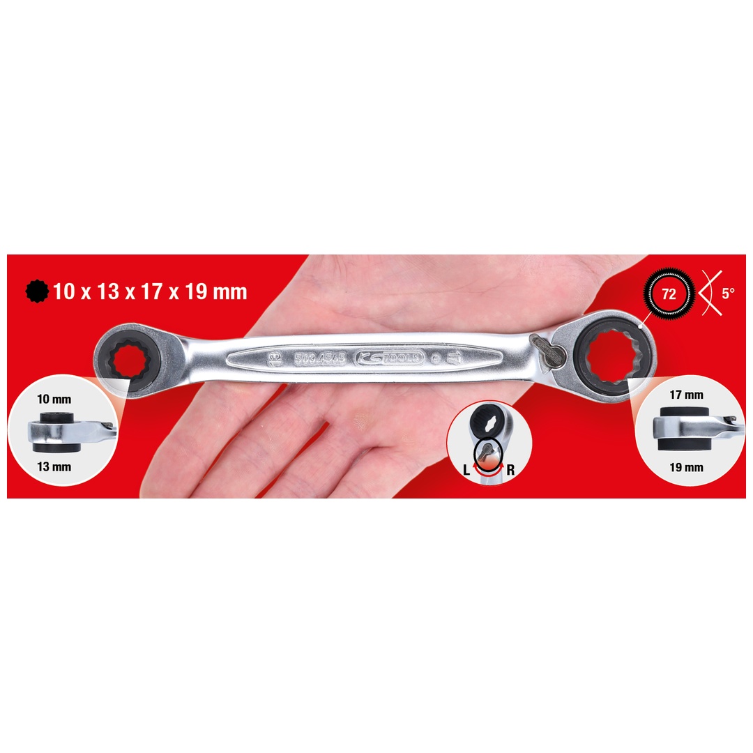 KS Tools 4 in 1 GEARplus umschaltbar Doppel-Ratschenringschlüssel, 10x13x17x19 mm