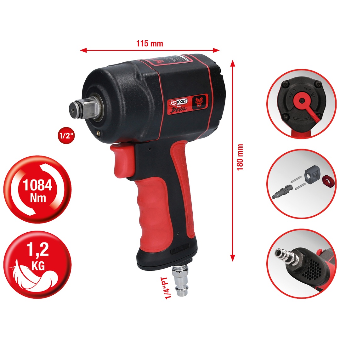 KS Tools 1/2 THE miniDEVIL Hochleistungs-Druckluft-Schlagschrauber, 1084Nm