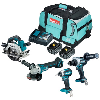 Makita Akku-Kombo-Kit 18V: 4 Maschinen, 2 Akkus, Schnellladegerät, Transporttasche