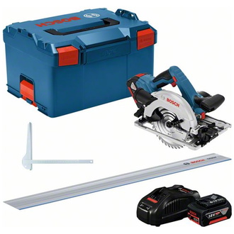 Bosch Akku-Kreissäge GKS 18V-57 G + FSN 1400, incl. 2x Akku GBA 5 Ah, Schnellladegerät, Zubehör, L-BOXX