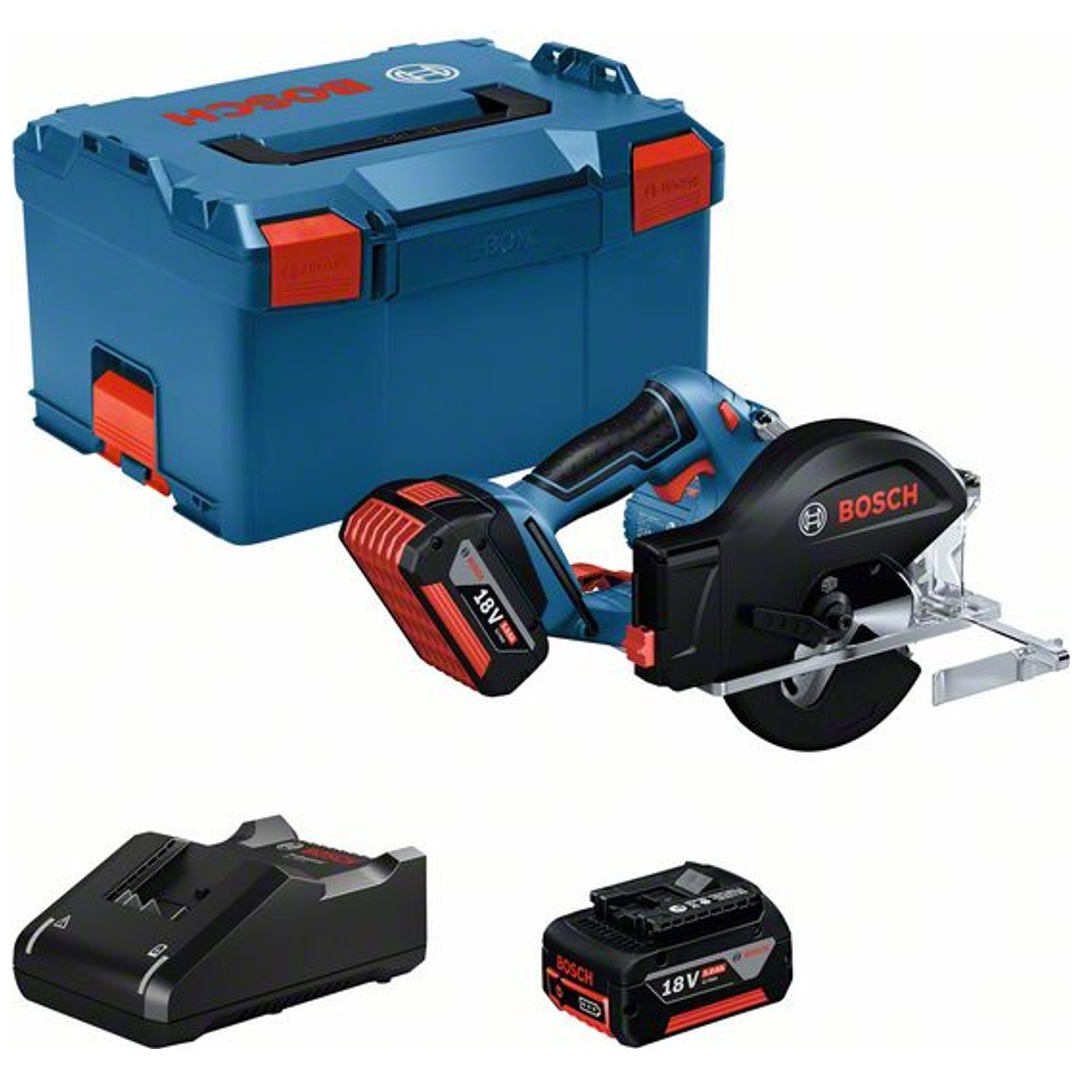 Bosch Professional Bosch Akku-Metallkreissäge GKM 18V-50, incl. 2x Akku GBA 5 Ah, Schnellladegerät, Kreissägeblatt, Parallelanschlag, L-BOXX