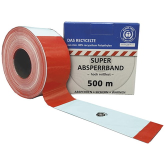 Absperrband 100 m-Rolle rot/weiß geblockt, aus mind. 80% Regranulat, Blauer Engel zertifiziert