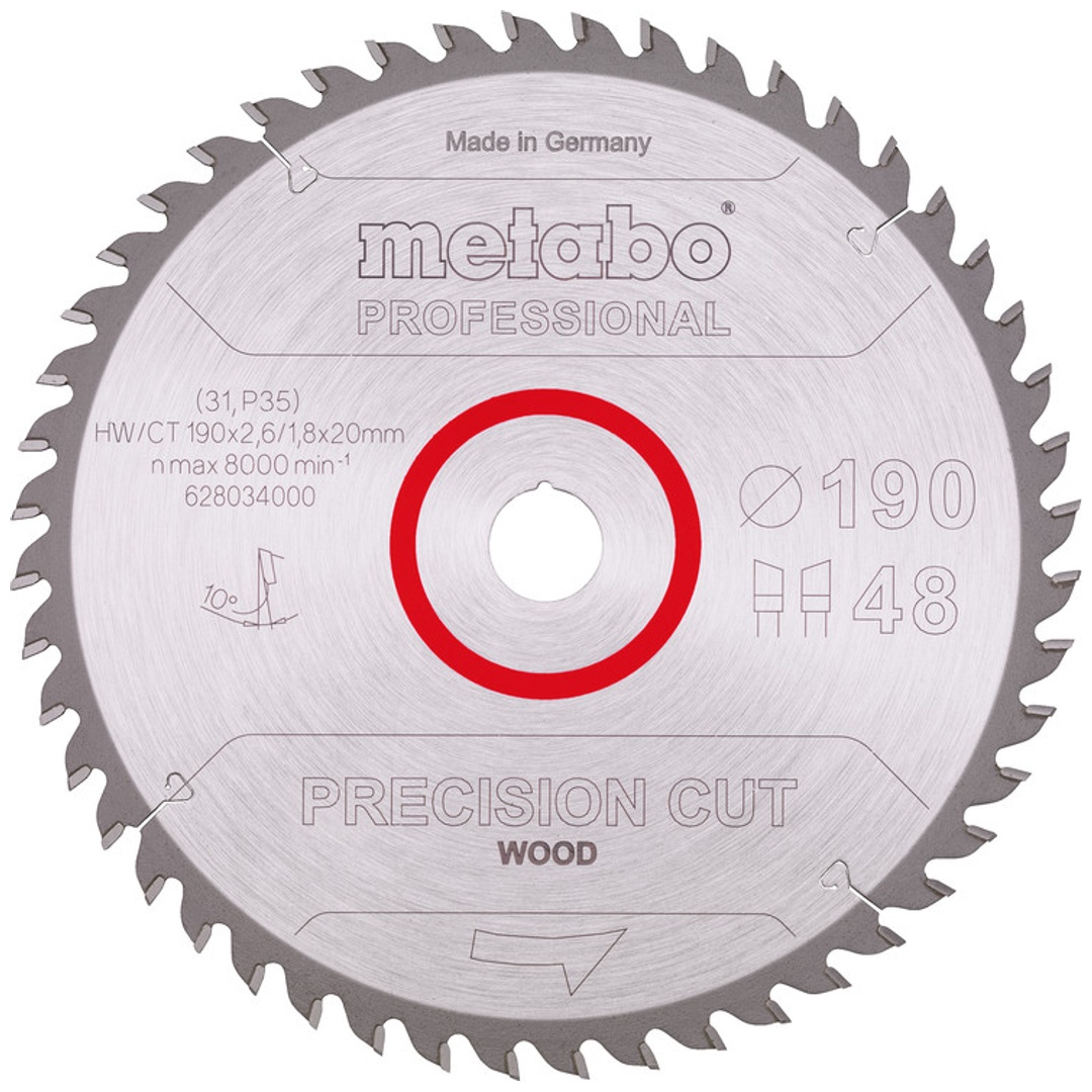 Metabo Sägeblatt precision cut wood - professional 190x2,6/1,8x20, Z48, Spanwinkel 10°, Wechselzahn