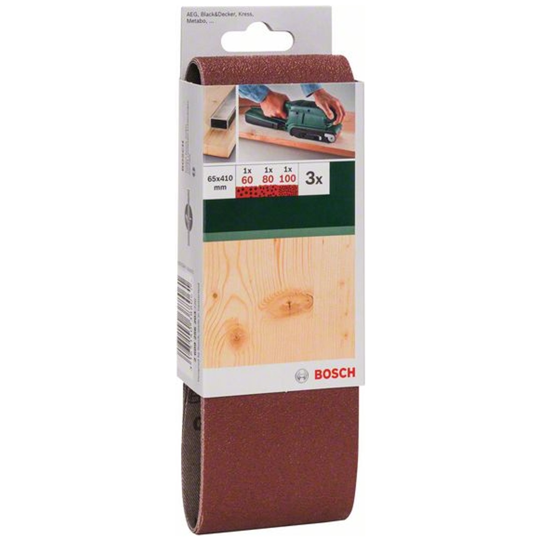 Bosch Schleifband-Set, 3-tlg., rote Qualität, DIY, 65 x 410 mm, 60, 80, 100