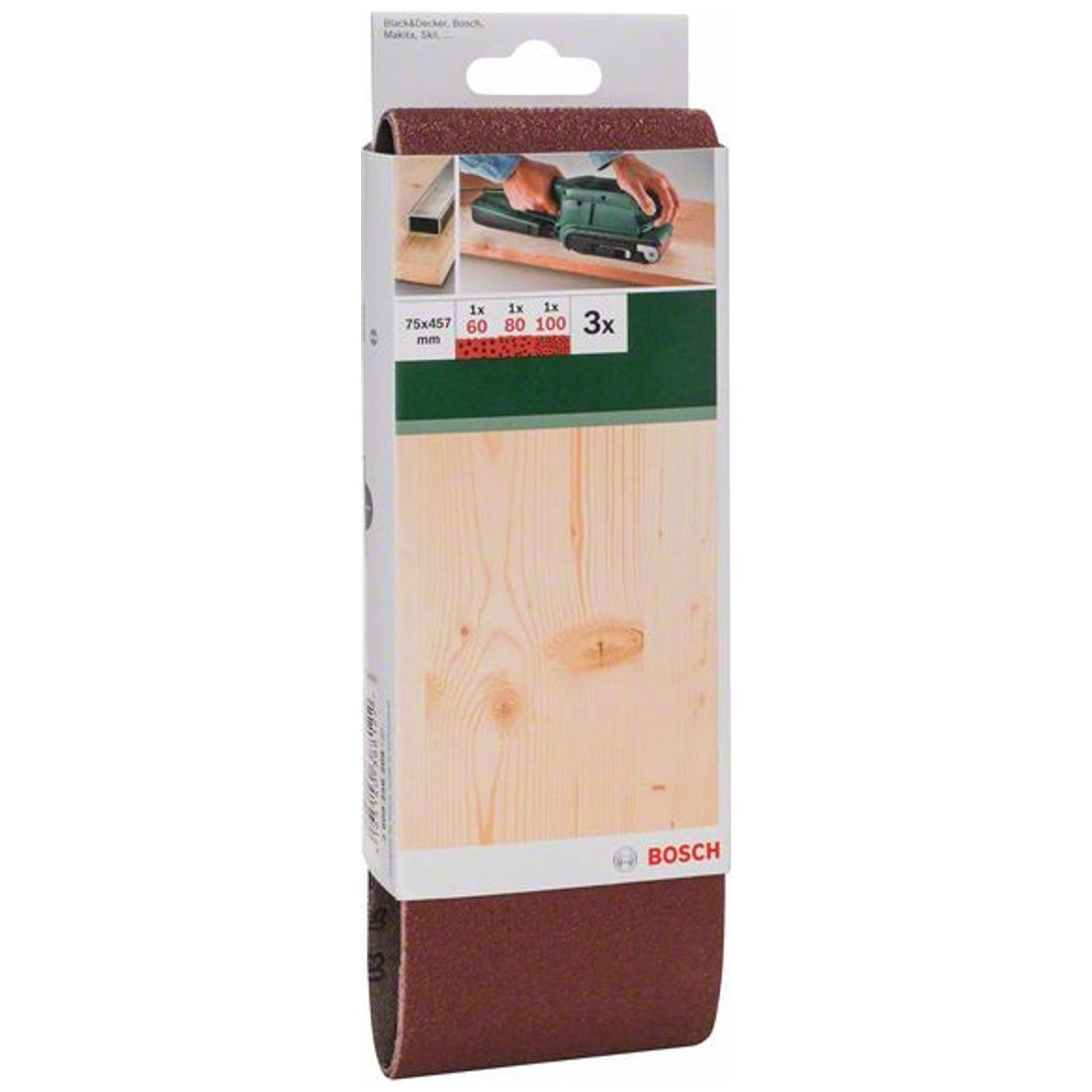 Bosch Schleifband-Set, 3-tlg., rote Qualität, DIY, 75 X457 mm, 60, 80, 100