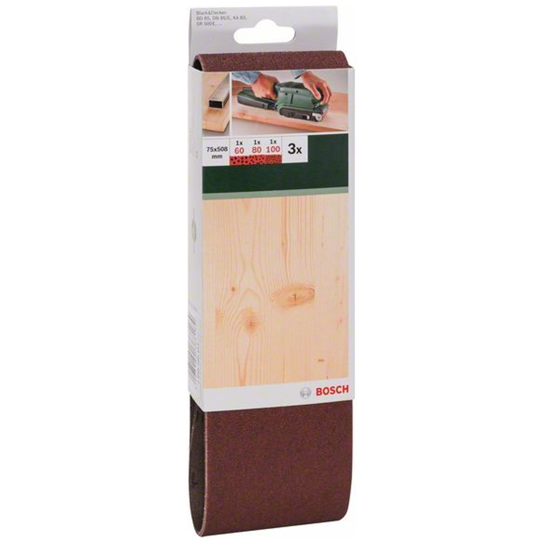 Bosch Schleifband-Set, 3-tlg., rote Qualität, DIY, 75 x 508 mm, 60, 80, 100