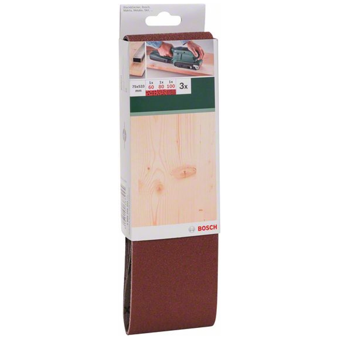 Bosch Schleifband-Set, 3-tlg., rote Qualität, DIY, 75 x 533 mm, 60, 80, 100